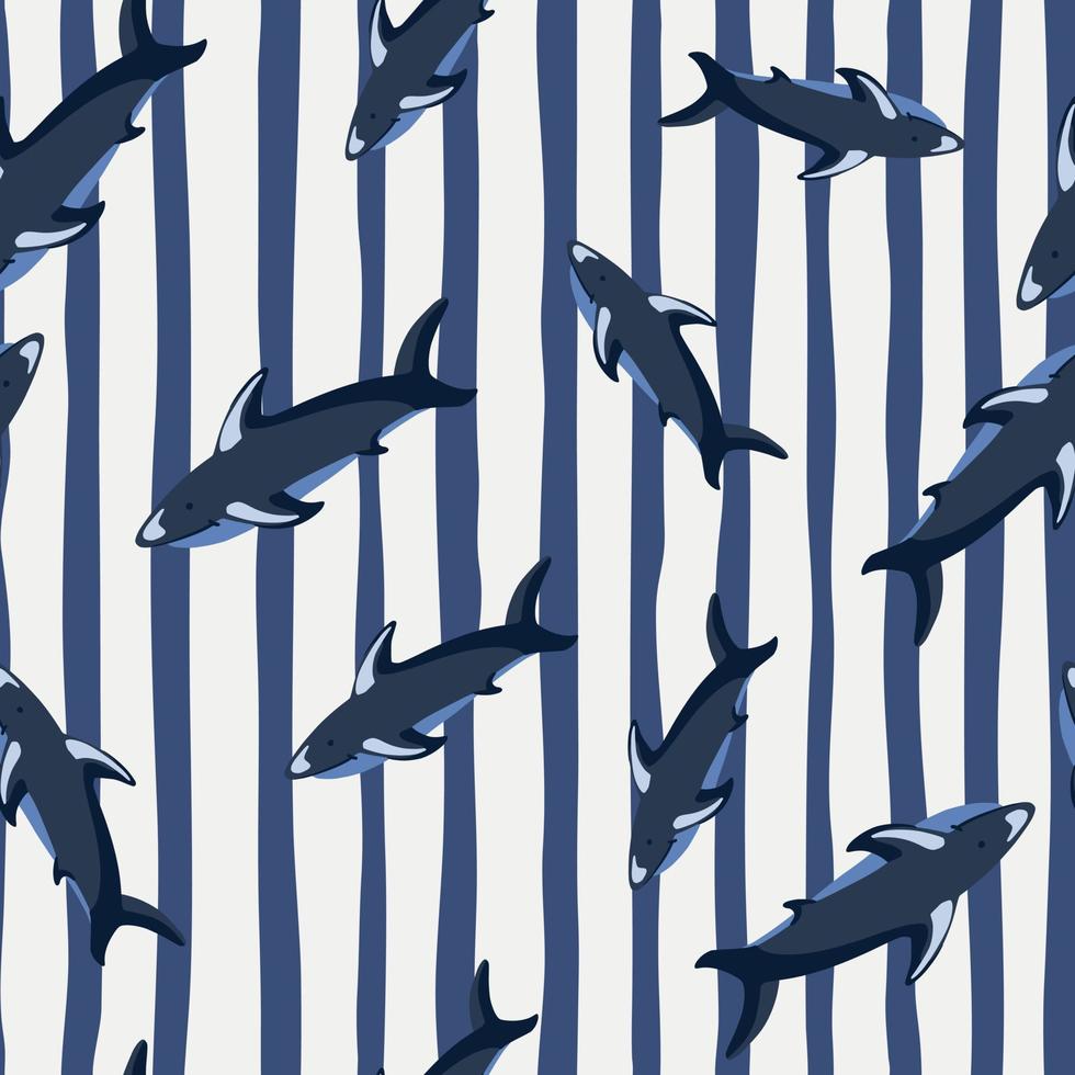 motif harmonieux d'océan animal avec impression aléatoire de silhouettes de requins. fond rayé. style de griffonnage. vecteur
