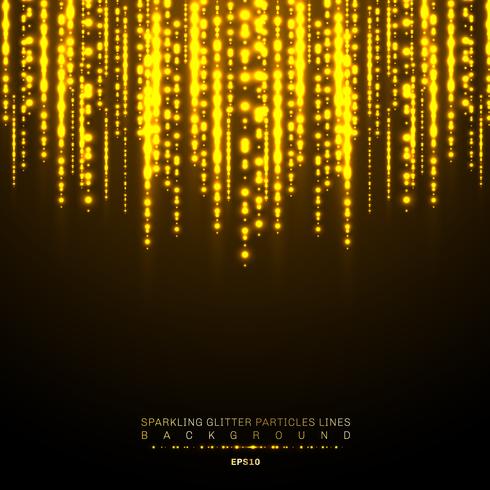 Festival de vacances de lumières brillantes ligne verticale brillante d&#39;or sur fond sombre. Modèle de lumières brillantes de confettis de Noël doré. Pluie magique de lignes de particules scintillantes vecteur