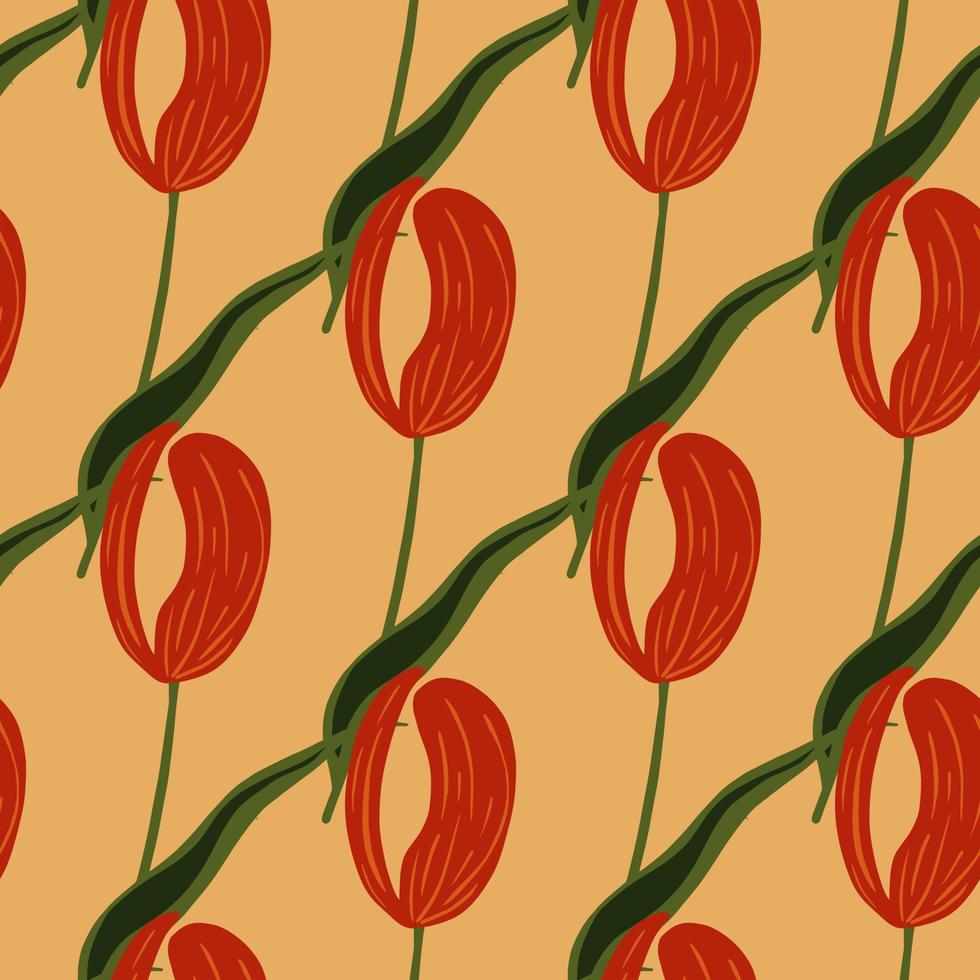 motif de doodle sans couture d'éléments de fleur de tulipe rouge vif. fond pastel orange clair. imprimé floral. vecteur