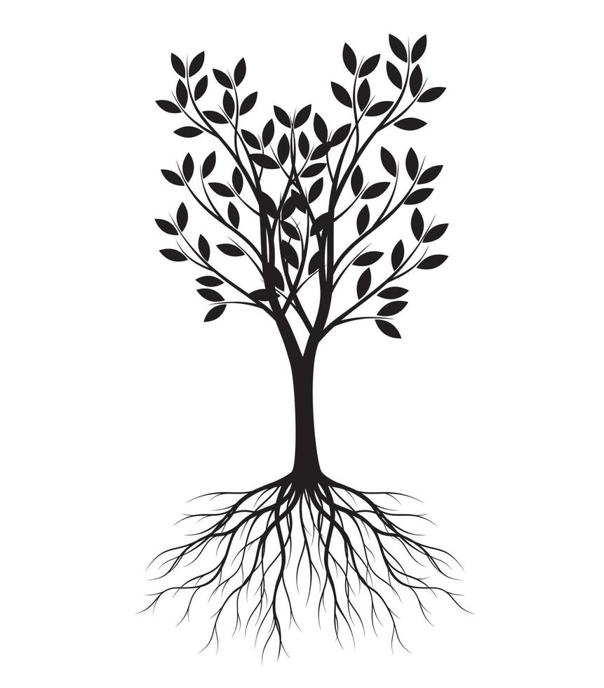 forme noire d'arbre avec des feuilles et des racines. illustration de contour de vecteur. planter dans le jardin. vecteur