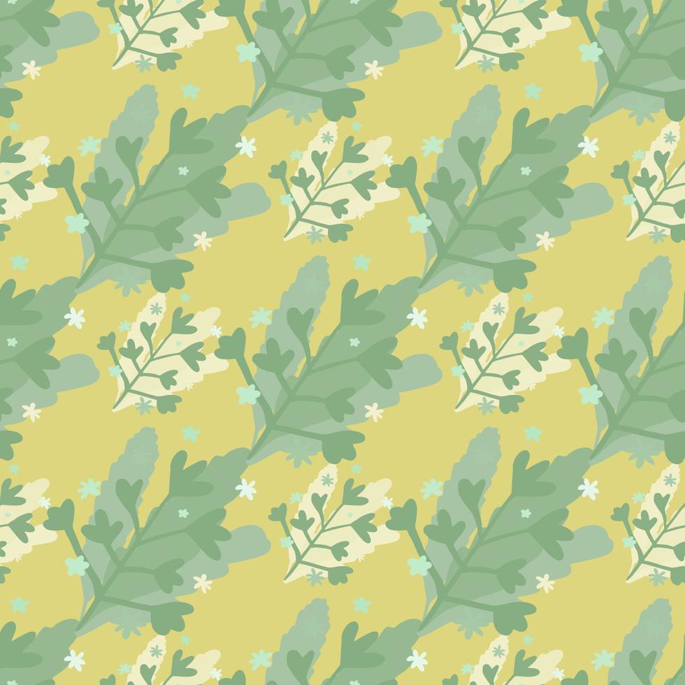 motif naïf sans couture pastel avec des branches et des silhouettes florales abstraites. fond jaune, éléments vert clair. vecteur