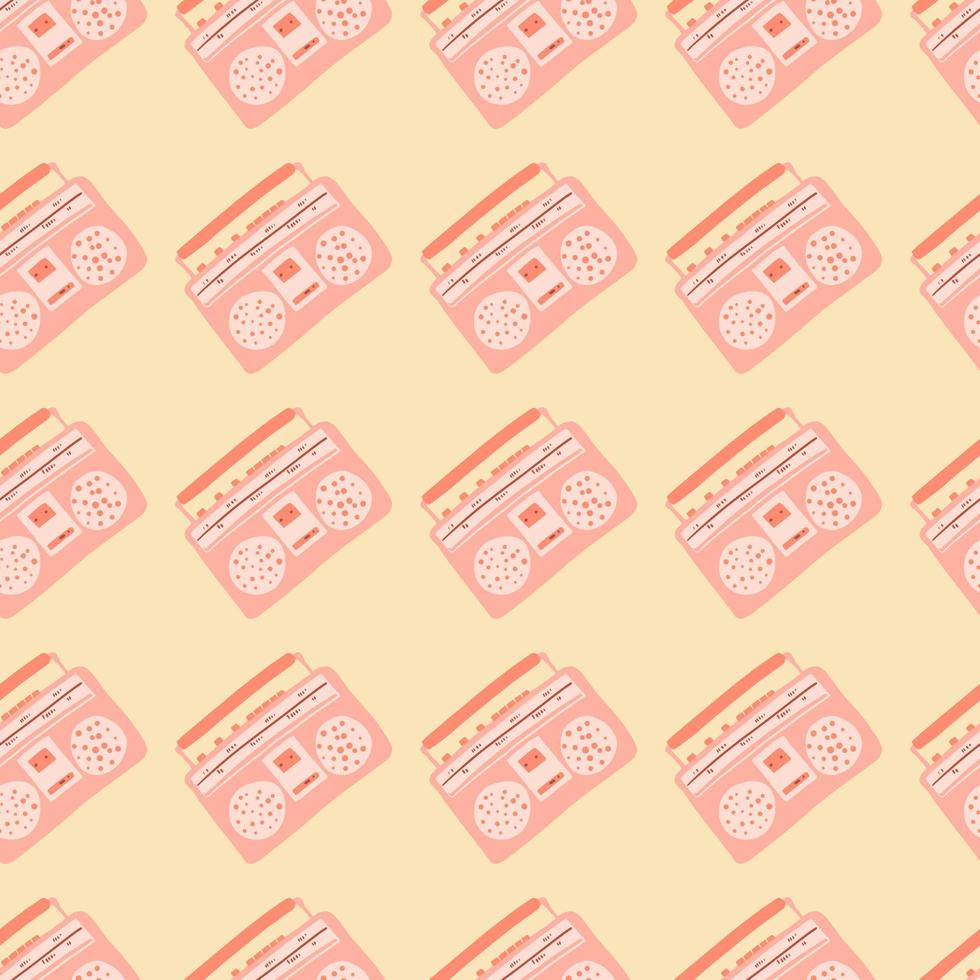 le magnétophone rose pastel façonne un motif sans couture. éléments de doodle simples sur fond orange clair. vecteur