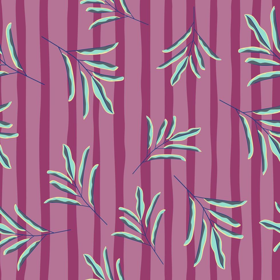 modèle sans couture de silhouettes de branches de feuilles simples aléatoires bleues. fond rayé lilas et violet. vecteur