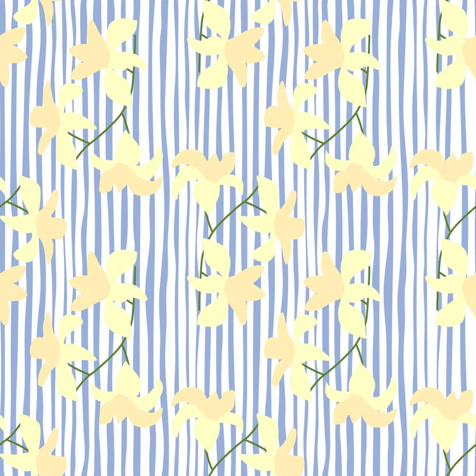 fleur hawaii jaune clair façonne un motif sans couture dans un style tropique. fond rayé bleu et blanc. vecteur