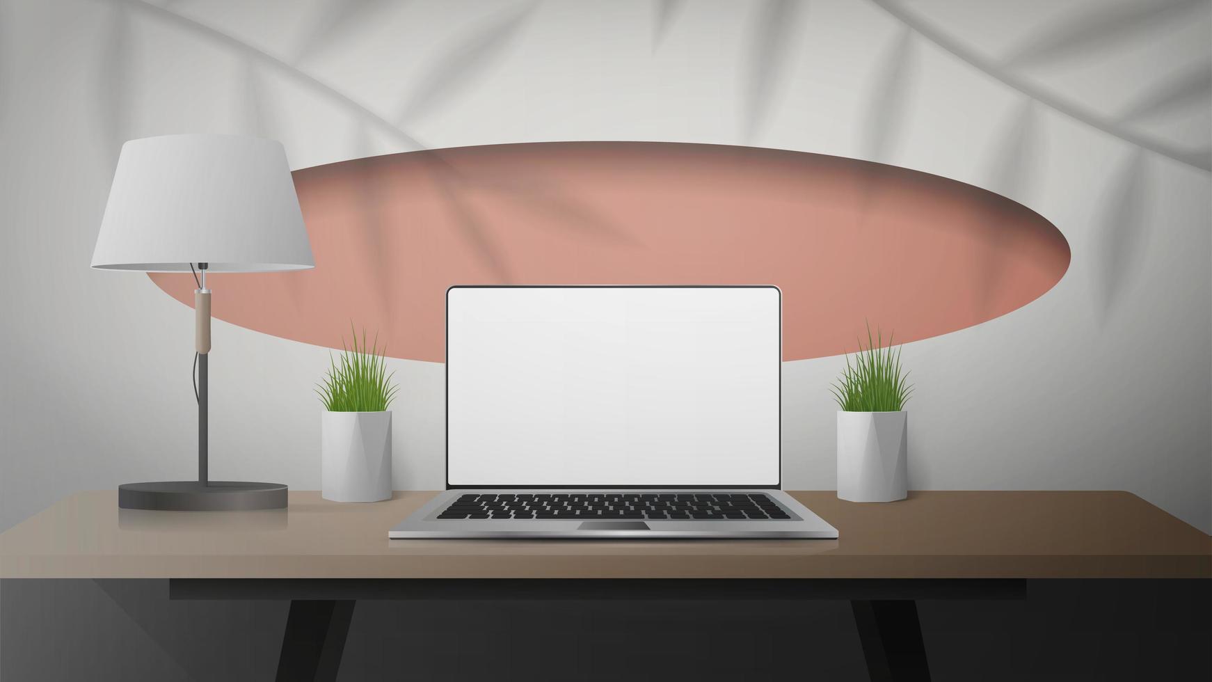 chambre blanche avec bureau, ordinateur portable, lampe et plantes d'intérieur. ordinateur portable avec un écran blanc. illustration vectorielle, style réaliste. vecteur