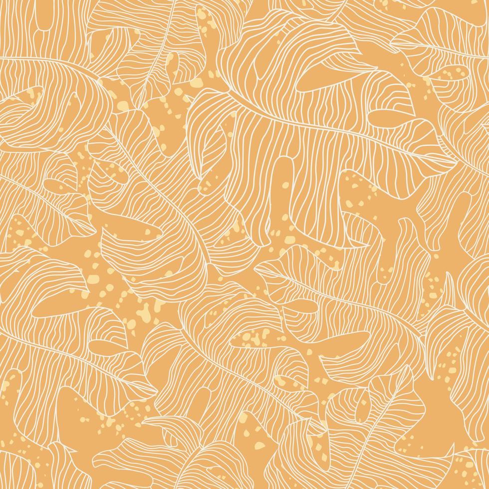 motif de couture aléatoire avec ornement de silhouettes de contour de monstera. fond orange avec des éclaboussures. vecteur