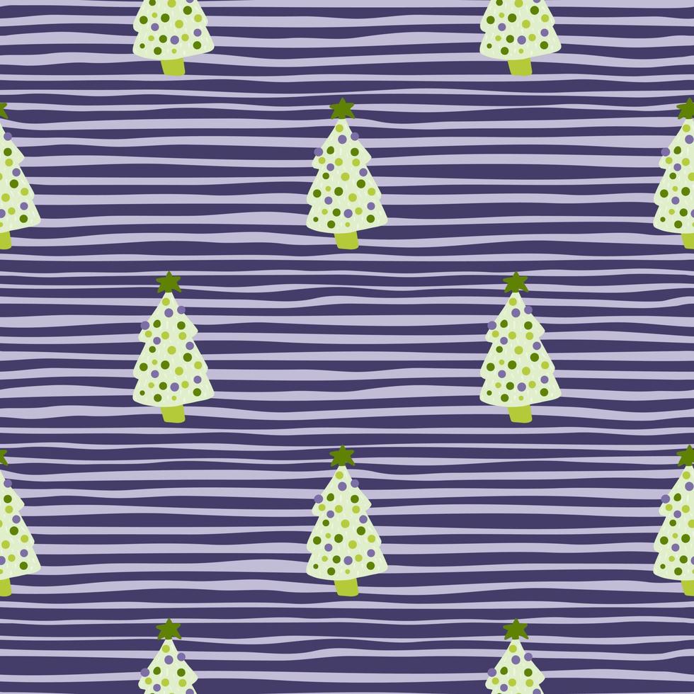 modèle sans couture de jouet d'arbre de doodle de noël vert clair. fond rayé violet et bleu. ornement créatif de vacances. vecteur