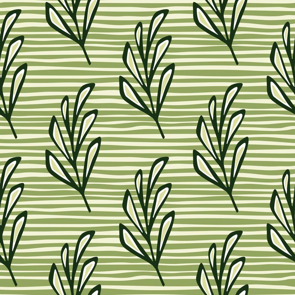 contour des éléments de branches de feuilles vertes motif de doodle sans soudure. fond rayé vert et blanc. vecteur