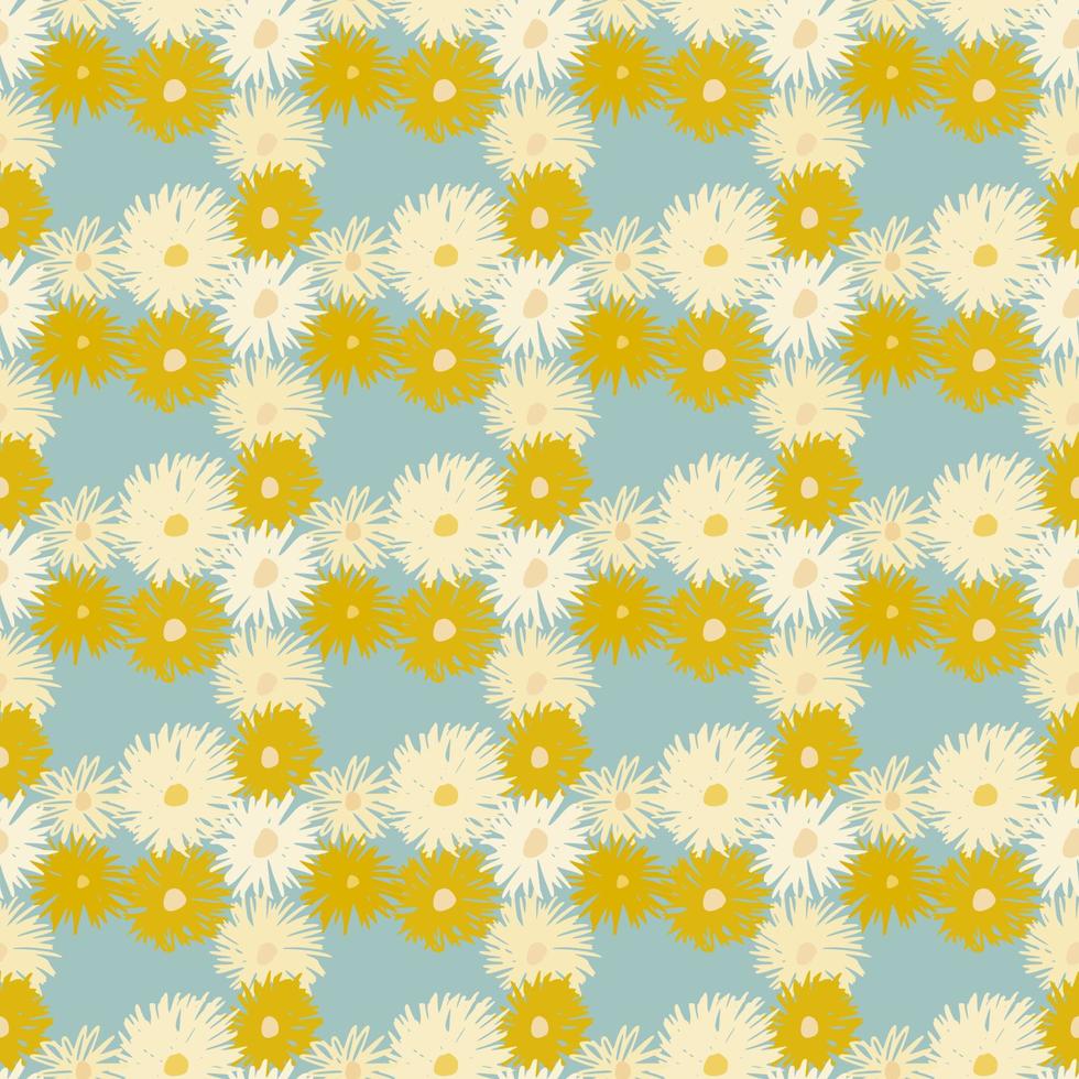 modèle sans couture de silhouettes abstraites de fleur de chrysanthème. formes botaniques blanches et jaunes sur fond bleu clair. vecteur