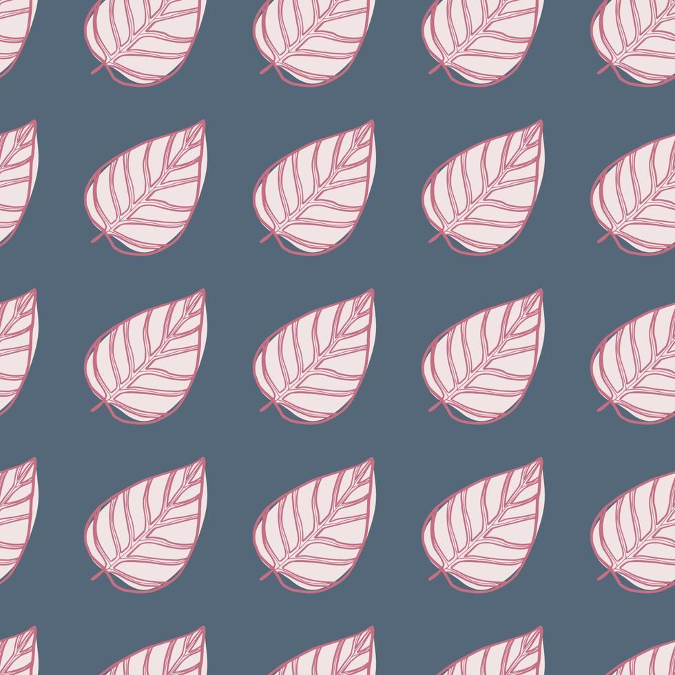 motif de doodle sans soudure de feuilles blanches profilées roses. ornement de feuillage dessiné à la main sur fond bleu marine pâle. vecteur