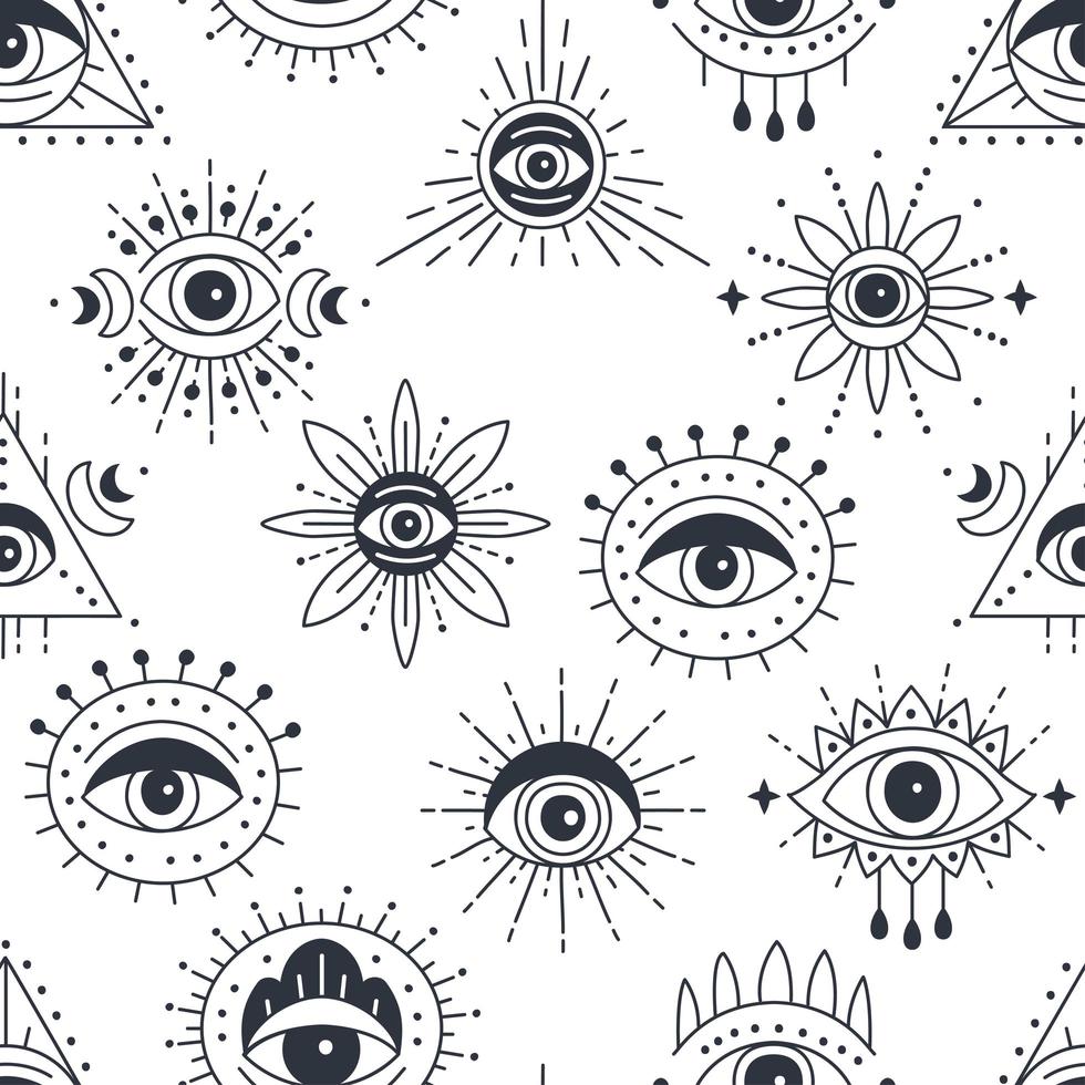 conception de modèle sans couture avec oeil de doodle maléfique. talisman oeil de sorcellerie dessiné à la main vecteur