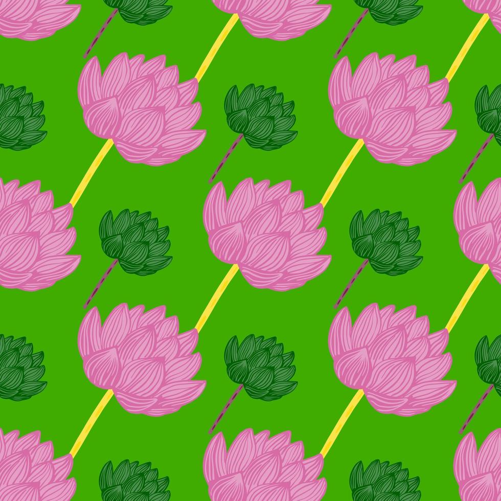 modèle sans couture avec ornement géométrique de fleur de lotus aux contours roses. fond vert. vecteur