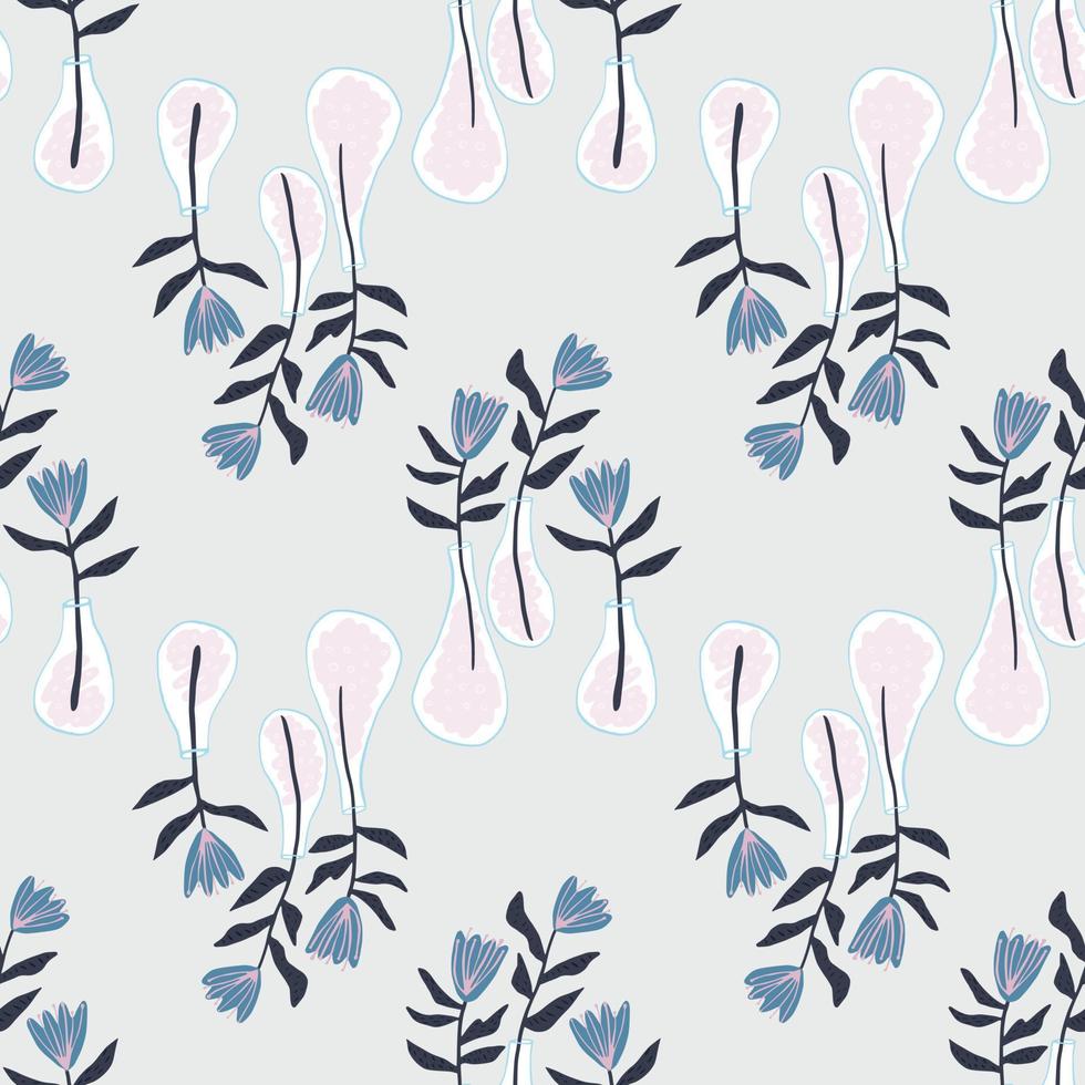 motif floral de doodle sans couture avec vases et fleurs. fond bleu clair avec des éléments de tulipe marine. vecteur