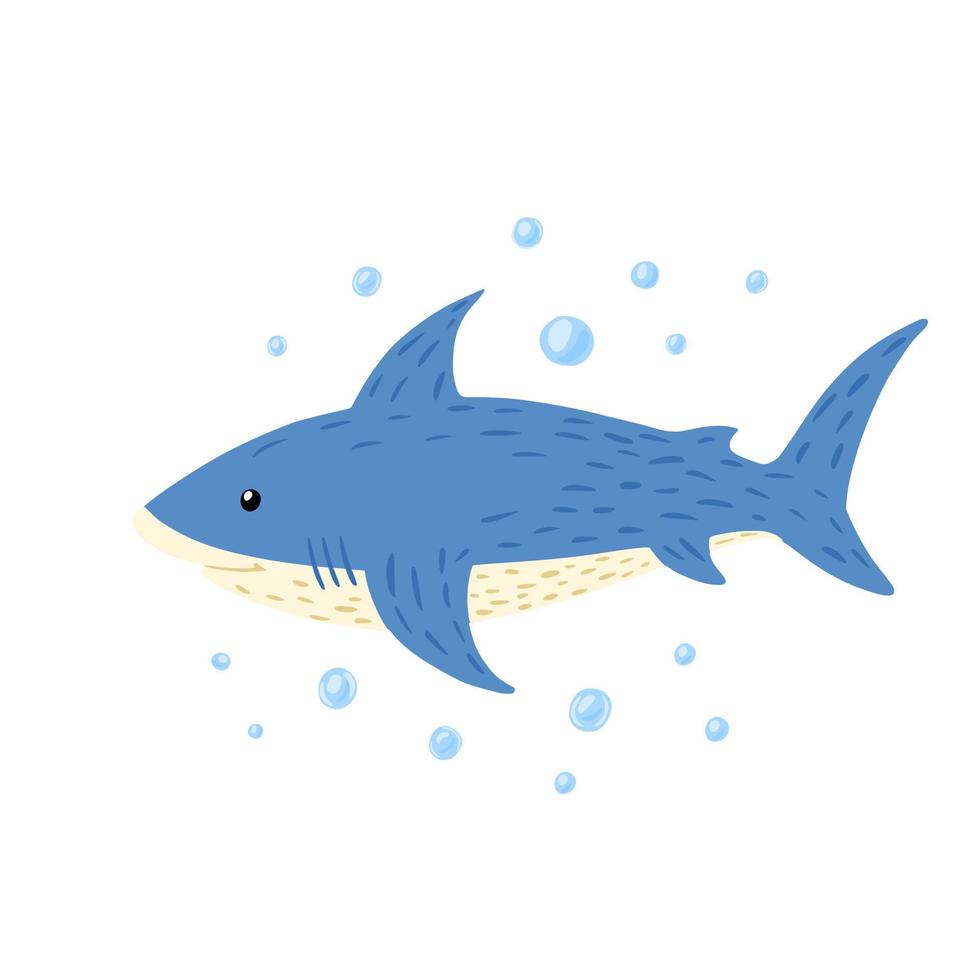 définir le requin blanc avec des bulles sur fond blanc. poissons mignons de dessin animé dans le style doodle. vecteur