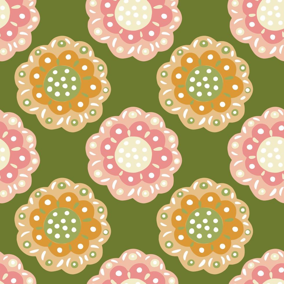 bourgeons folkloriques de couleur rose et beige silhouettes motif sans couture dans le style doodle. fond d'olive verte. vecteur