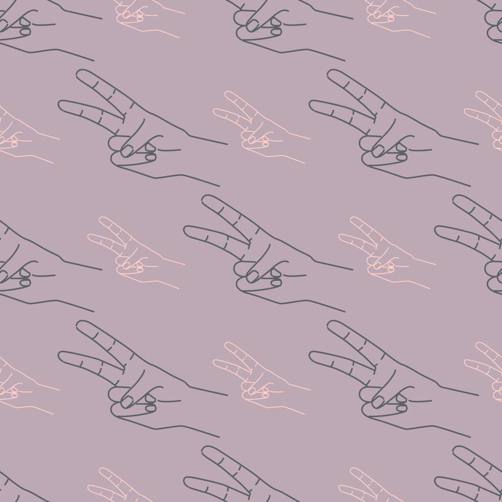 main dessiner un motif sans couture avec des illustrations de signe de doigt de paix. contour de silhouette sur fond violet pastel. doodle répétitif simple. vecteur