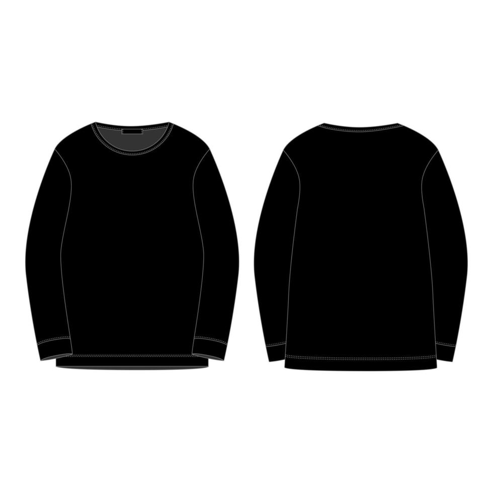 Sweat-shirt noir isolé isolé sur fond blanc. croquis technique recto et verso. vecteur