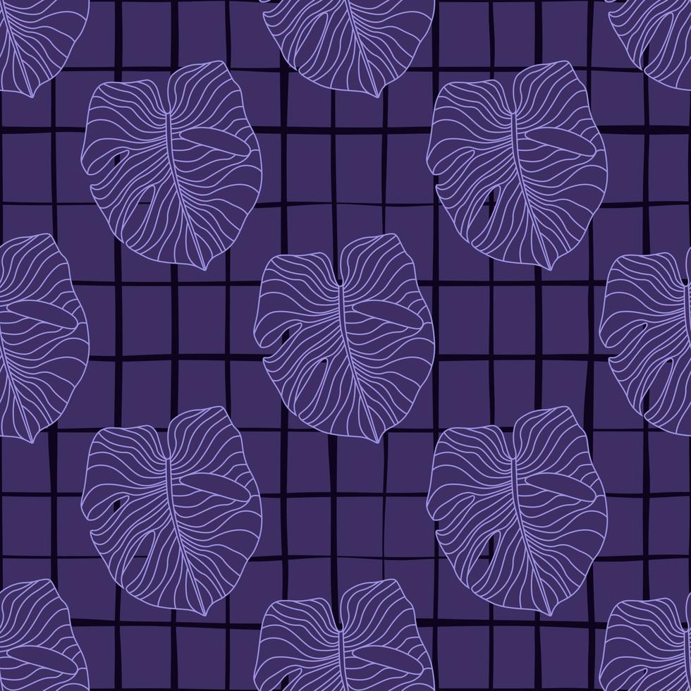 palette sombre foral motif de doodle sans couture avec des sihouettes de feuilles de monstère. illustration de couleur violette avec fond à carreaux. vecteur