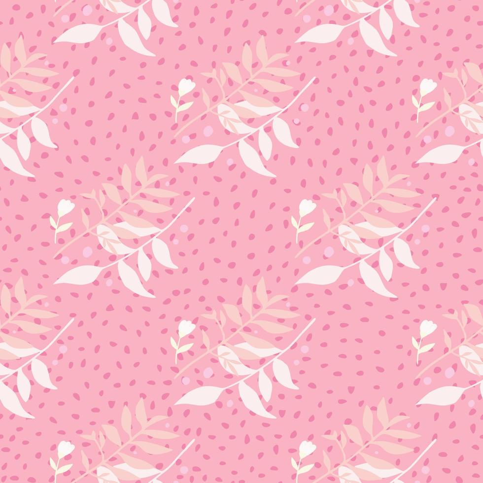 tendre motif de doodle floral sans couture avec bouquets de feuillage. branches de forêt de couleur blanche sur fond pointillé rose. vecteur