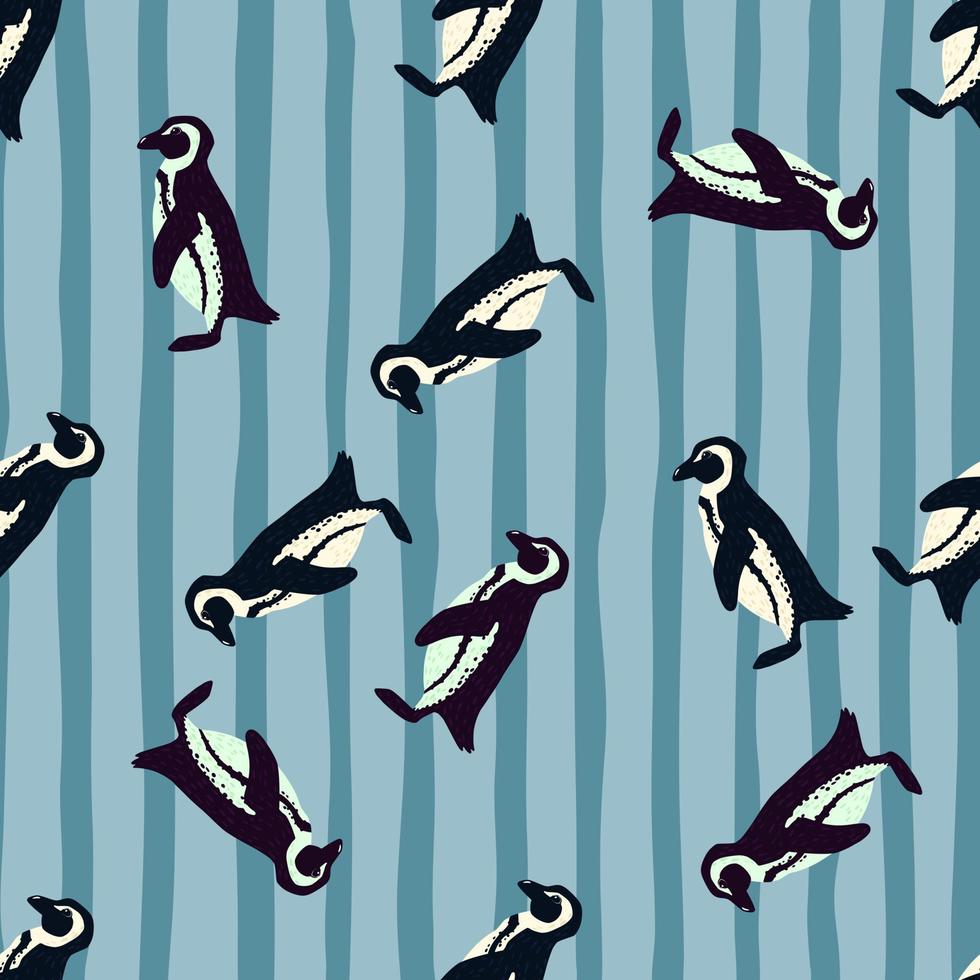 motif harmonieux aléatoire avec de jolis pingouins imprimés dans le style des enfants. fond rayé bleu. décor animalier. vecteur
