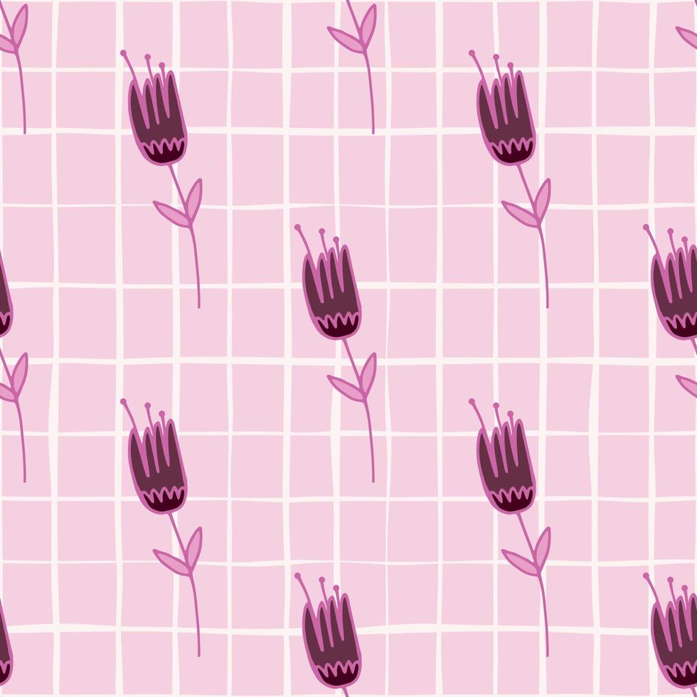 modèle sans couture de tulipes contour violet botanique. fond à carreaux rose pastel clair avec des éléments profilés lumineux. vecteur