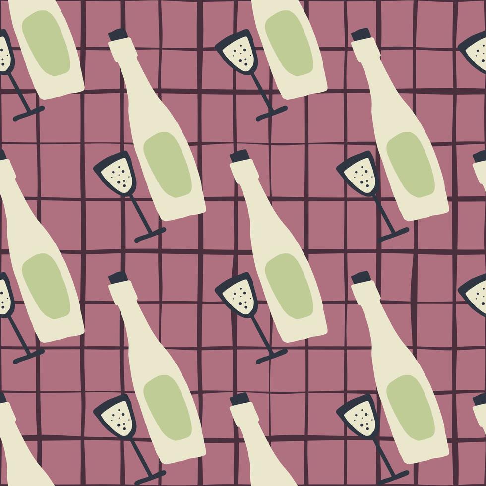 modèle sans couture abstrait avec des bouteilles de vin et des verres. doodle imprimé simple dans des tons clairs et verts sur fond quadrillé rose. vecteur