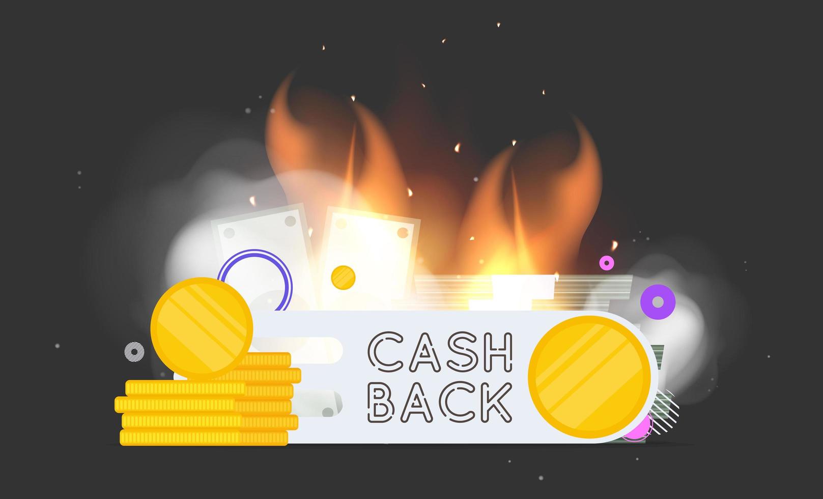 lettrage de cashback dans le feu et la fumée. pièces d'or. composition sur le thème du remboursement et du cashback. vecteur