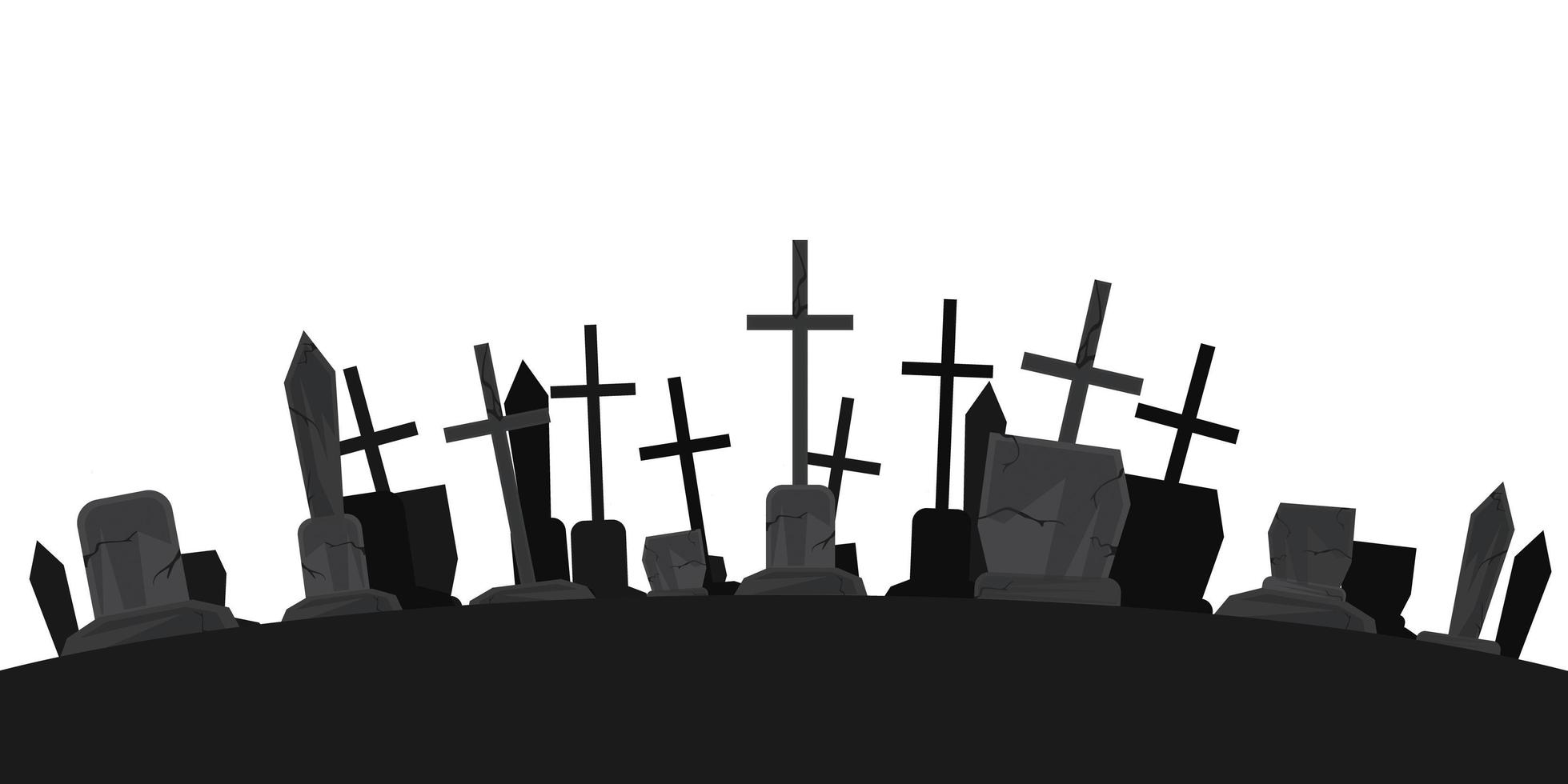 silhouettes noires de pierres tombales, de croix et de pierres tombales. éléments de cimetière. panorama du cimetière. illustration vectorielle vecteur