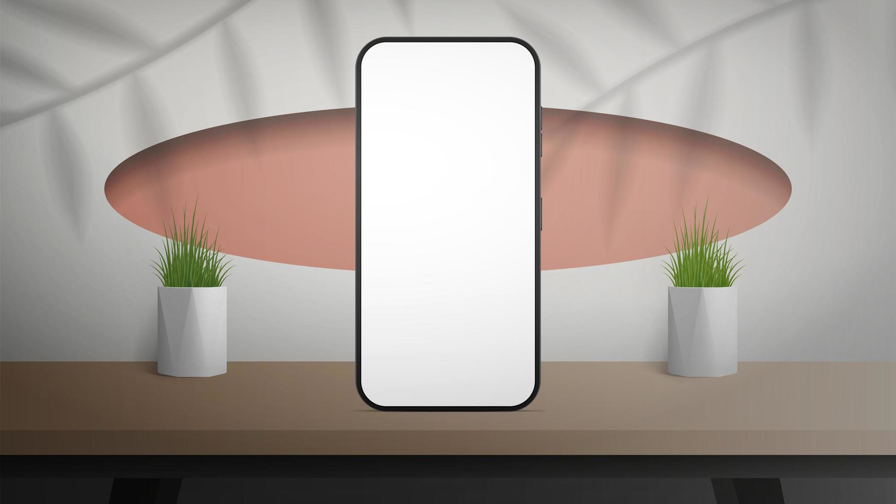 un téléphone avec un écran blanc se dresse sur une table en bois. chambre blanche au design élégant. bannière prête pour votre publicité. illustration vectorielle. style réaliste. vecteur