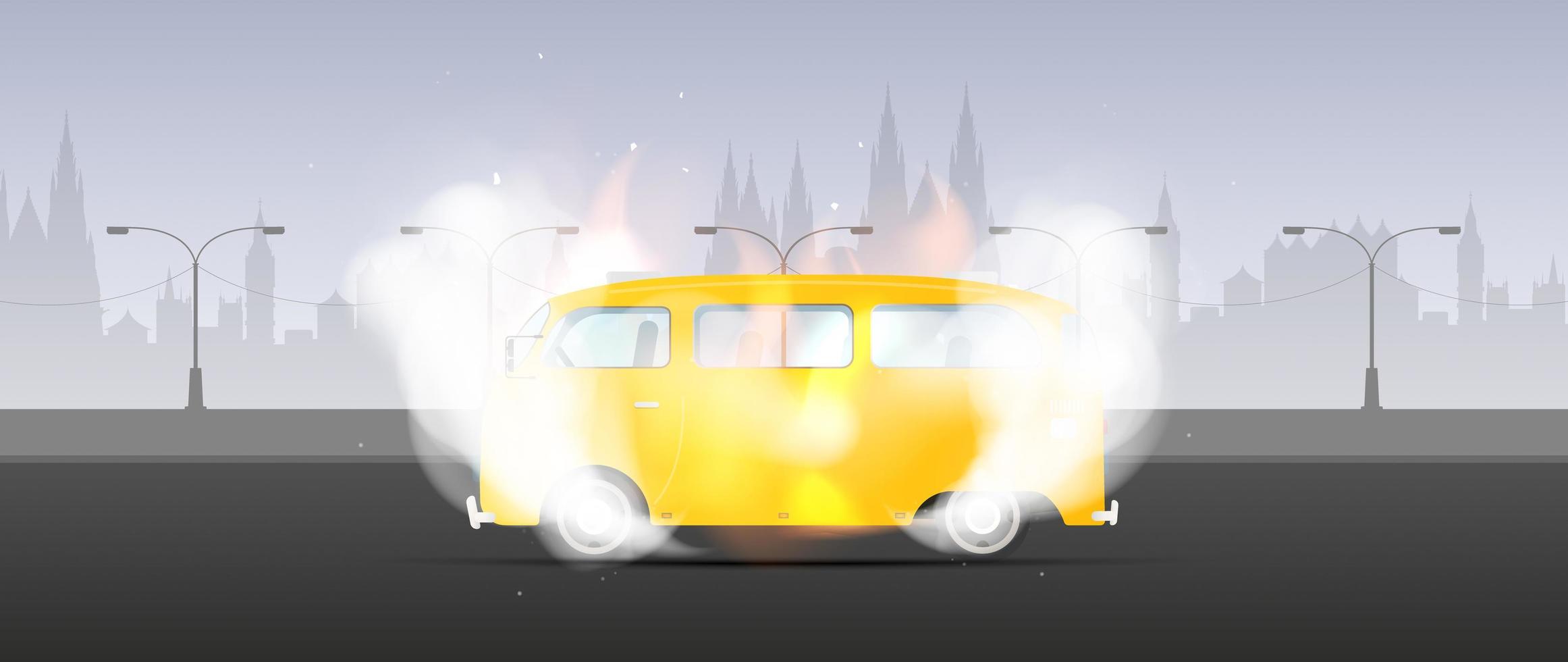 bus jaune en flammes et fumée. le bus est en feu. illustration vectorielle. vecteur