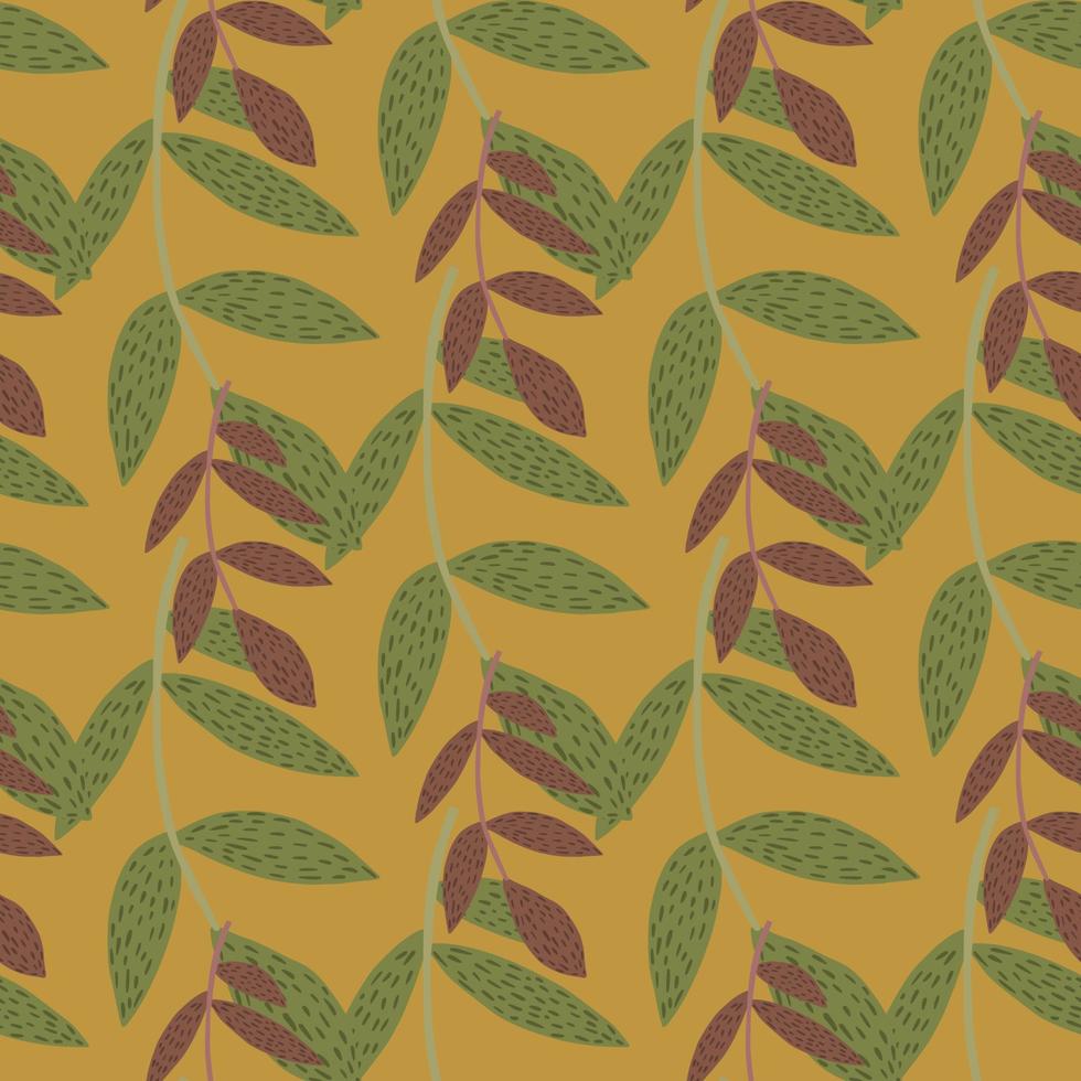 motif à base de plantes d'automne avec des branches vertes et violettes sur fond ocre. vecteur