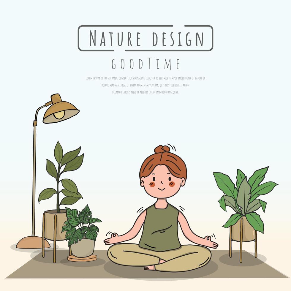 dessin animé d'exercices de yoga, dessiné à la main. mesdames et dans la nature et les feuilles. vecteur