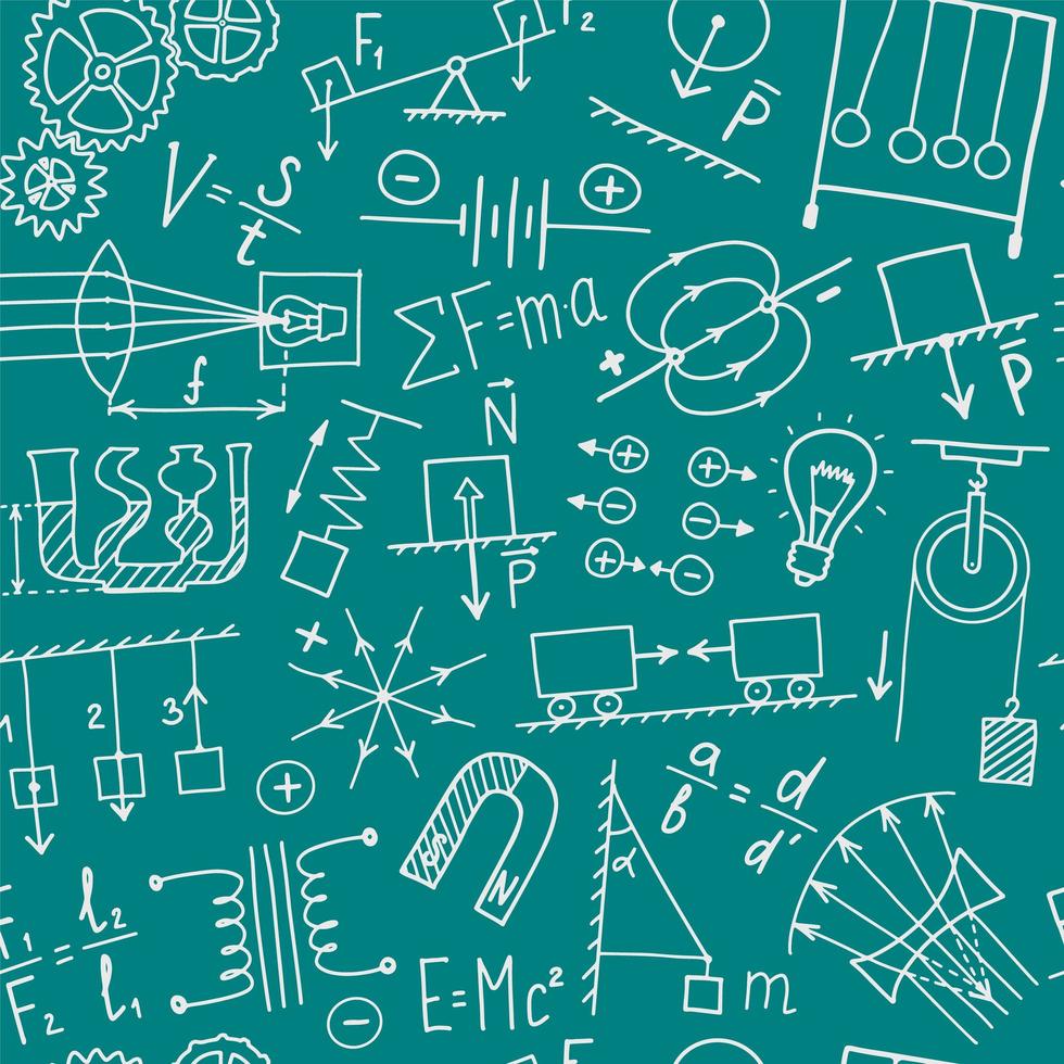 symboles de physique doodle modèle sans couture. conception de modèle de couverture de sujet scientifique. concept d'étude de l'éducation. retour à l'arrière-plan fragmentaire de l'école pour cahier, pas de bloc-notes, carnet de croquis. vecteur