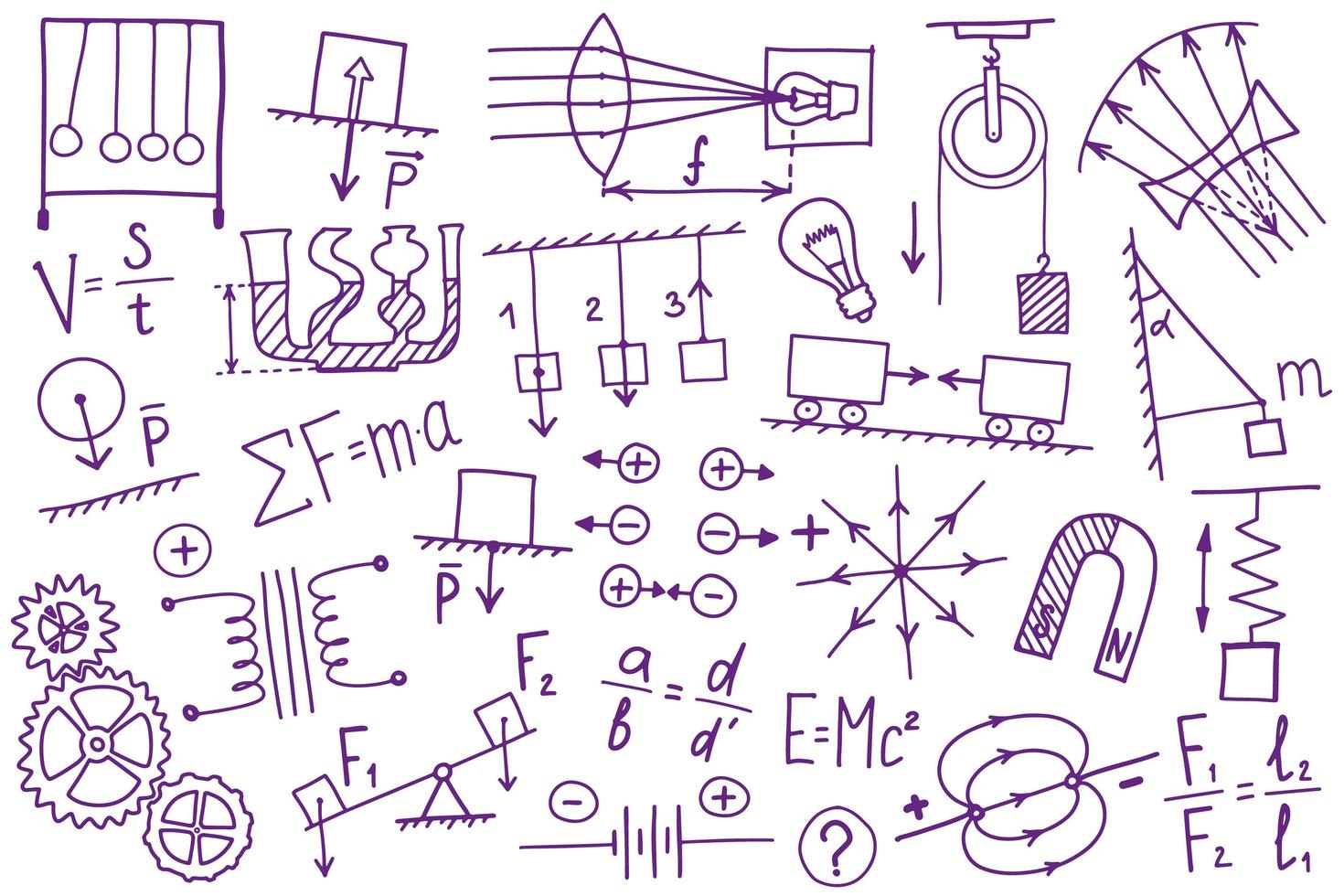 jeu d'icônes de symboles physiques. conception de doodle de sujet scientifique. concept d'éducation et d'étude. retour à l'arrière-plan fragmentaire de l'école pour cahier, pas de bloc-notes, carnet de croquis. vecteur