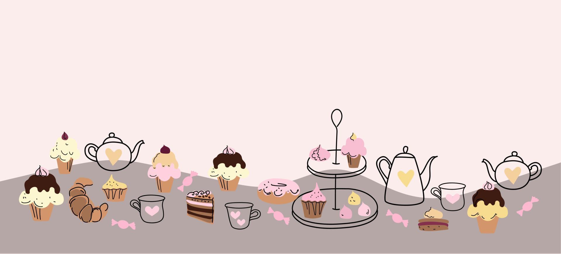 bannière de thé haut avec des gâteaux, croquis de doodle dessin vectoriel dessiné à la main.