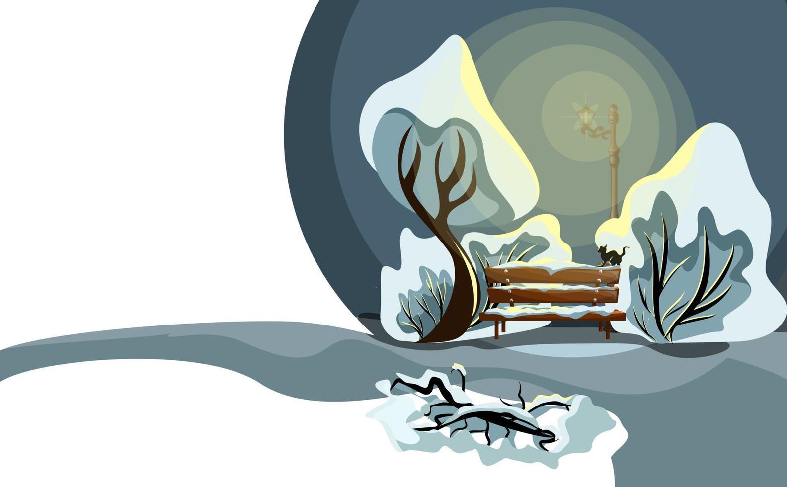 image vectorielle d'un paysage d'hiver. un arbre avec un banc sous une lanterne lumineuse. halte écologique pour le passant. stylisation. eps 10 vecteur