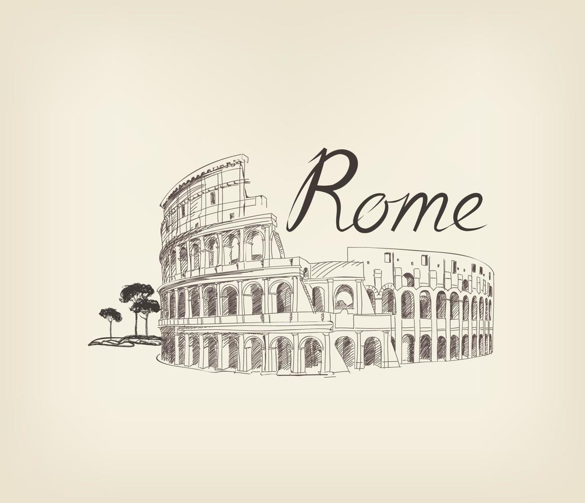 lieu célèbre de rome avec fond de voyage italie lettrage. signe de gravure de point de repère de la ville vecteur