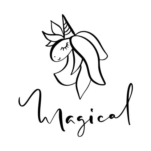 Visage de licorne doodle dessiné main mignon avec texte de calligraphie magique. Illustration du personnage de dessin animé de vecteur. Conception de carte pour enfant, t-shirt. Filles, concept magique d&#39;enfant. Isolé sur fond blanc vecteur