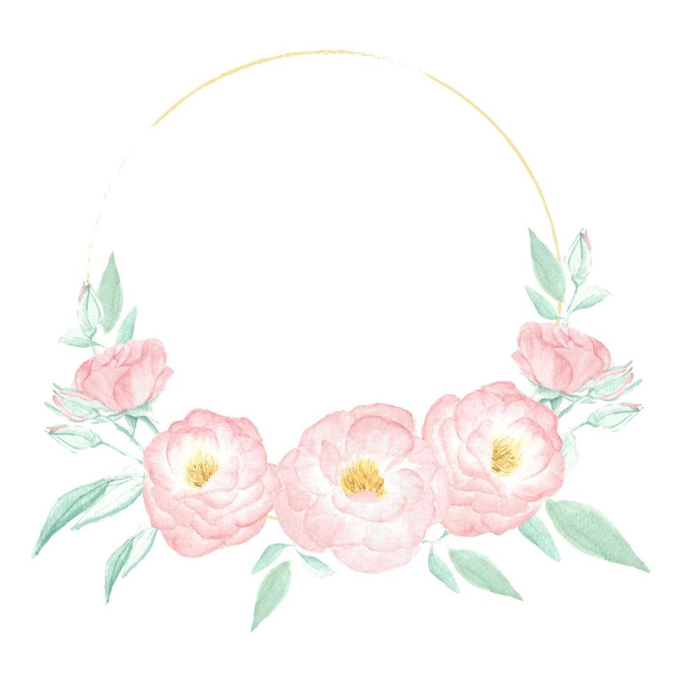 cadre de couronne de rose rose sauvage aquarelle avec cadre doré rond vecteur