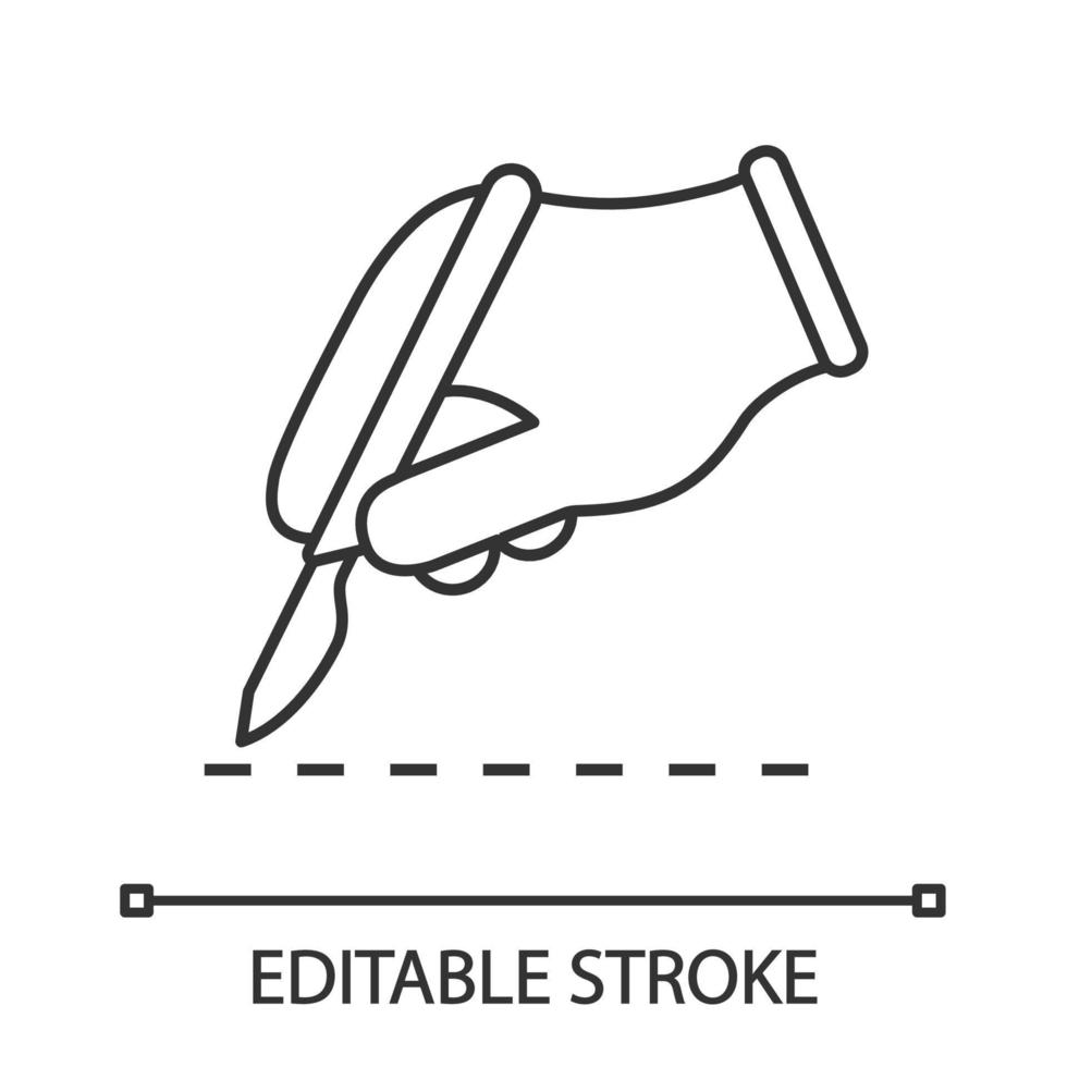 icône linéaire d'incision cutanée scalpel. chirurgie plastique. illustration de la ligne mince. incision chirurgicale. main des chirurgiens. symbole de contour. dessin de contour isolé de vecteur. trait modifiable vecteur