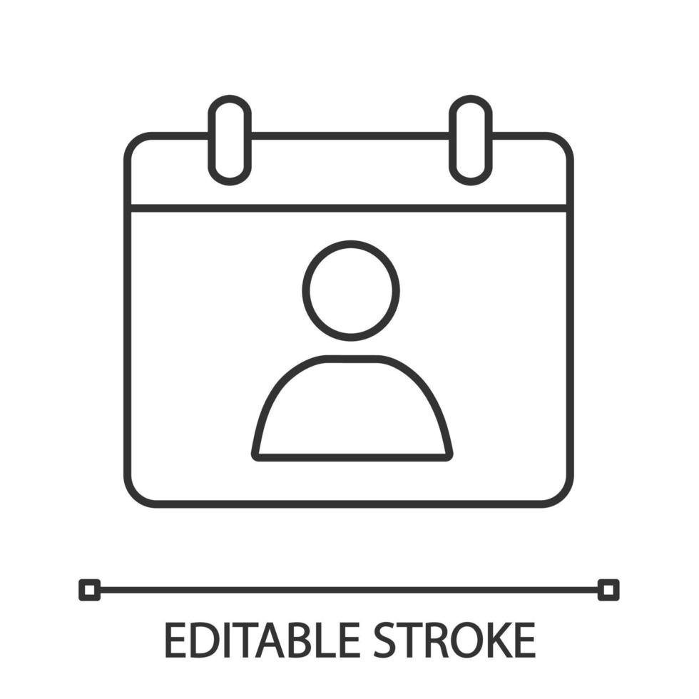icône linéaire de calendrier de contact. prise de rendez-vous. illustration de la ligne mince. Rencontre. date spéciale. calendrier des anniversaires. organisateur. symbole de contour. dessin de contour isolé de vecteur. trait modifiable vecteur