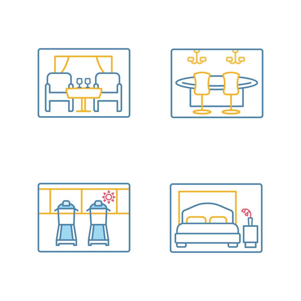 ensemble d'icônes de couleur des installations des navires de croisière. restaurant, casino, salle de sport, chambre. illustrations vectorielles isolées vecteur