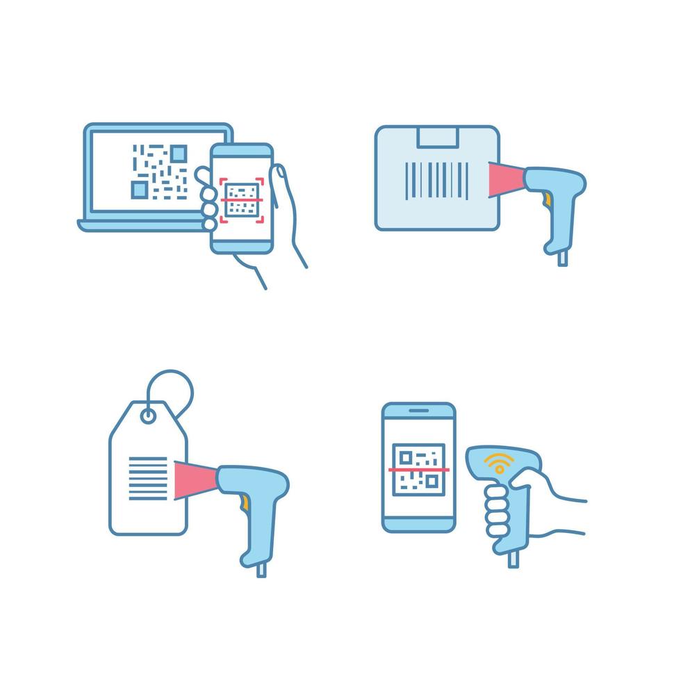 jeu d'icônes de couleur de codes à barres. lecture de codes-barres pour smartphone, lecture de codes-barres de livraison, étiquette volante, scanner de code qr portable. illustrations vectorielles isolées vecteur