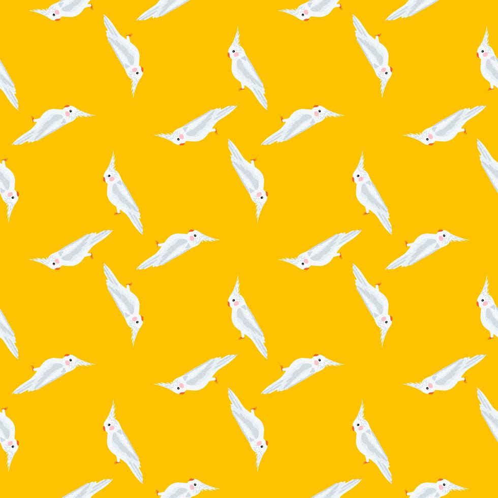 motif géométrique sans couture avec impression d'oiseau exotique perroquet cacatoès blanc. toile de fond jaune vif. vecteur