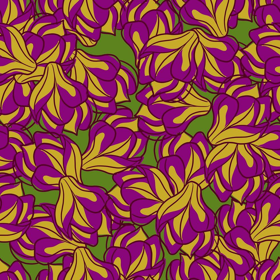 motif fleuri sans couture avec imprimé de fleurs de magnolia de couleur jaune et violet. fond vert. vecteur