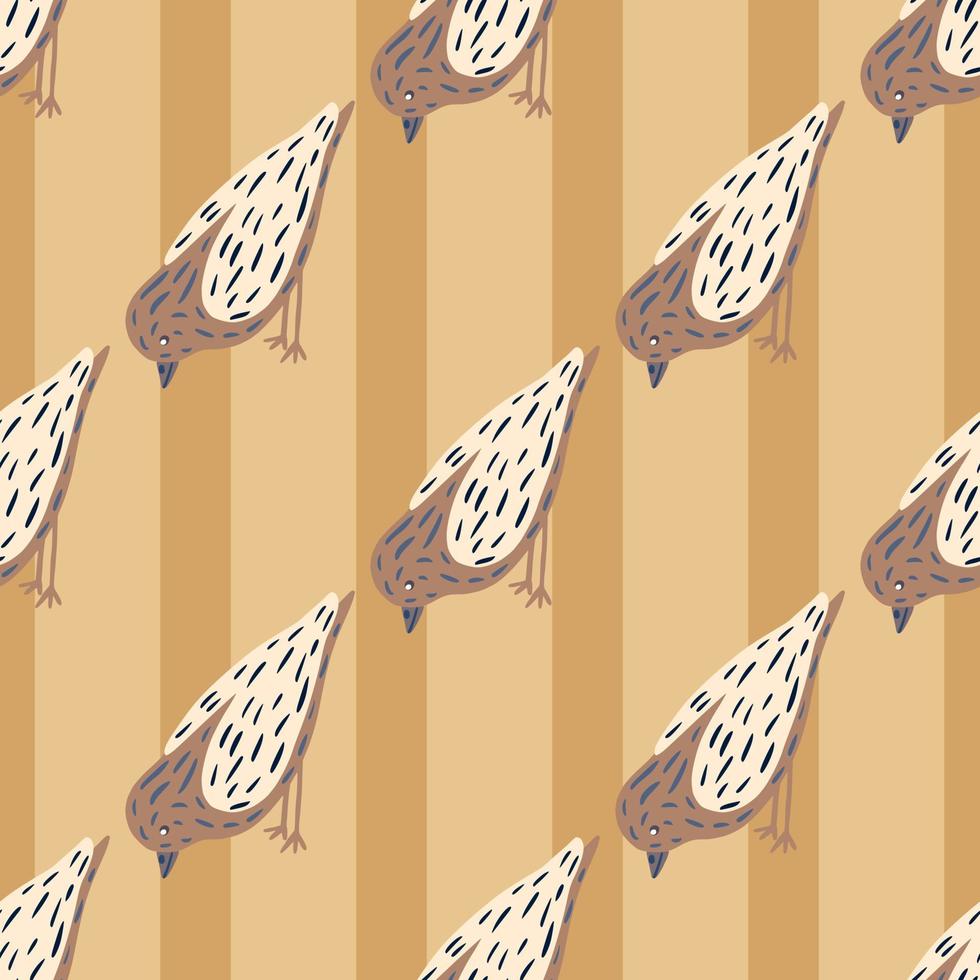 motif de doodle animal sans couture avec ornement d'oiseau dessiné à la main. fond rayé beige. vecteur