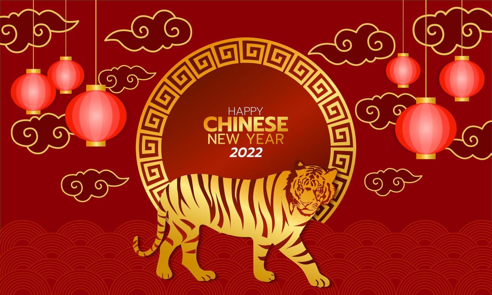 nouvel an chinois 2022 tigre d'or fond rouge et nuage, illustration vectorielle. vecteur