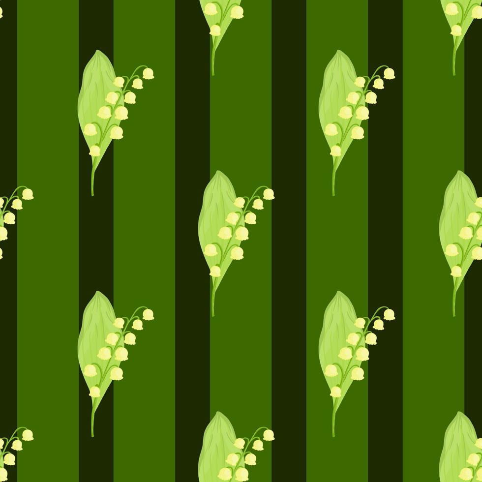 motif harmonieux décoratif dessiné à la main avec imprimé muguet doodle. fond rayé vert. vecteur