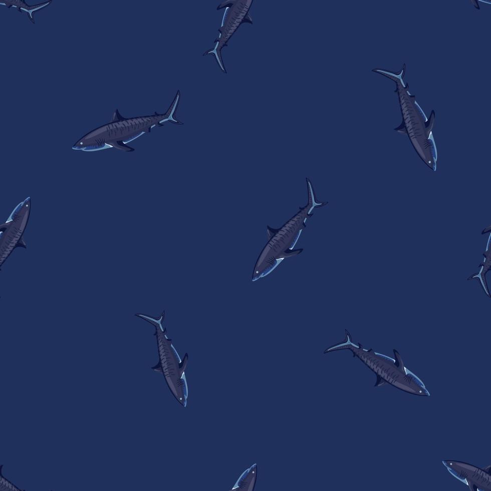 fond bleu foncé de requin tigre de modèle sans couture. texture grise de poissons marins à toutes fins. vecteur