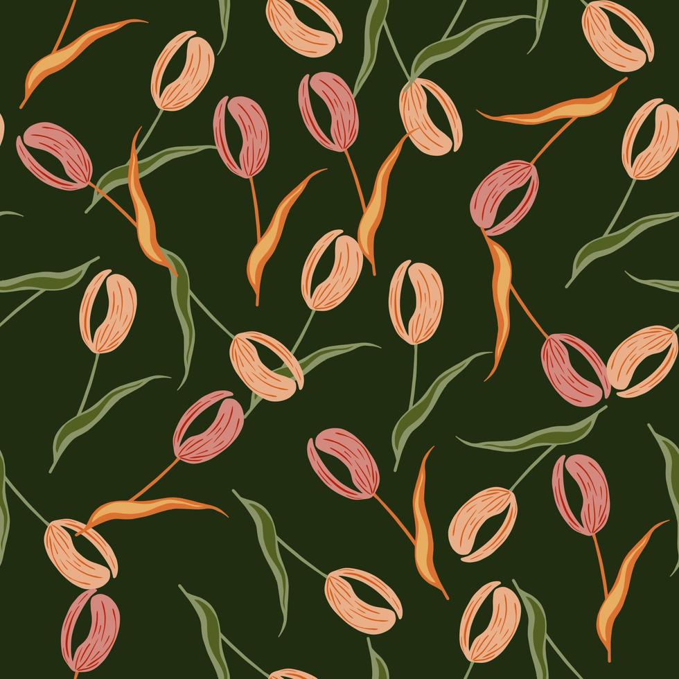 doodle motif sans couture avec impression de formes de tulipes aléatoires roses. fond vert foncé. style vintage. vecteur